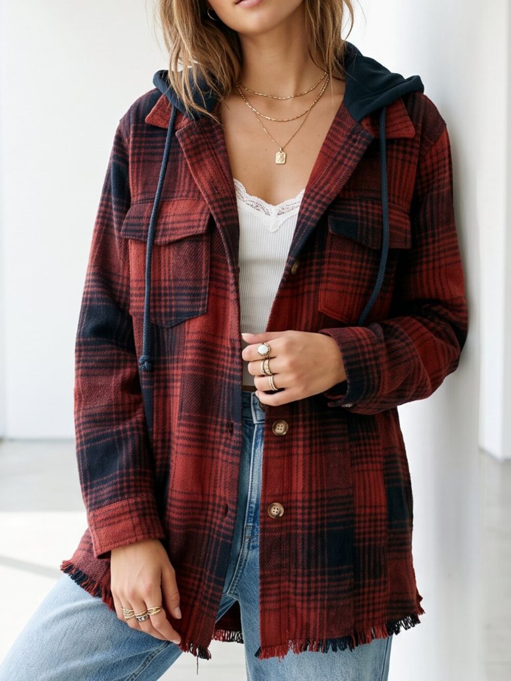 NWT Anthropologie MYSTREE Red and Blue Plaid Hooded Shacket M